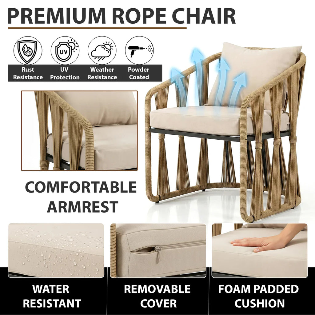 VIRASAT FURNITURE VARQO OUTDOOR PATIO SEATING SET 2 CHAIRS AND 1 TABLE SET (CREAM) BRAIDED & ROPE
