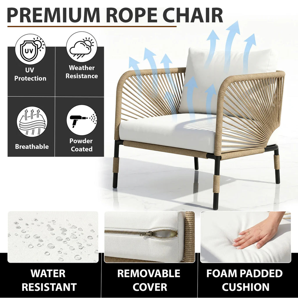 VIRASAT FURNITURE MADERA OUTDOOR PATIO SEATING SET 2 CHAIRS AND 1 TABLE SET (BEIGE) BRAIDED & ROPE