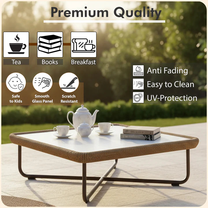 VIRASAT FURNITURE OUTDOOR ROPE SOFA SET 6-SEATER WITH OTTOMAN & CENTER TABLE (TAN) - BRAIDED ROPE PATIO SET
