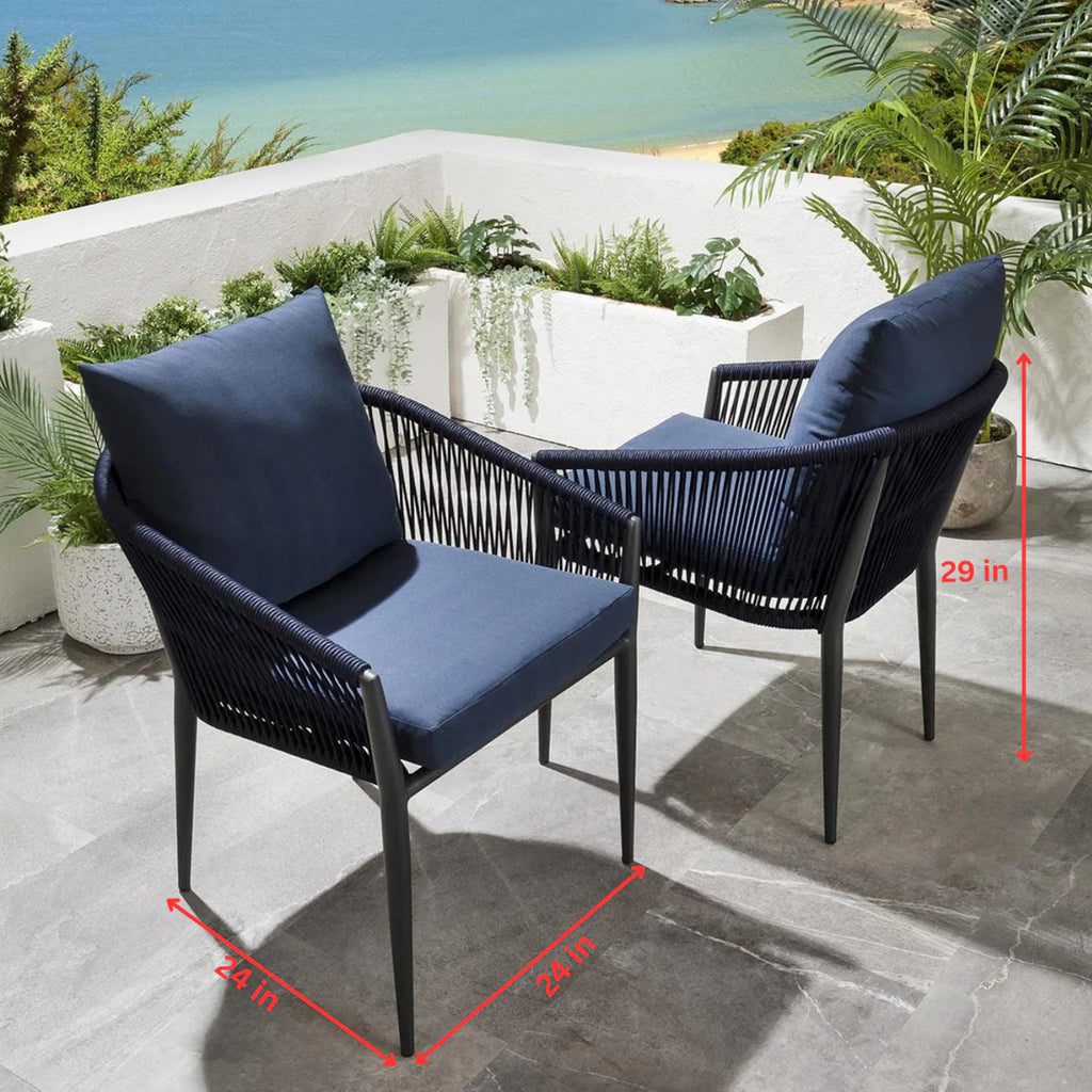 VIRASAT FURNITURE LUIS OUTDOOR PATIO SEATING SET 2 CHAIRS AND 1 TABLE SET (BLACK+BLUE) BRAIDED & ROPE