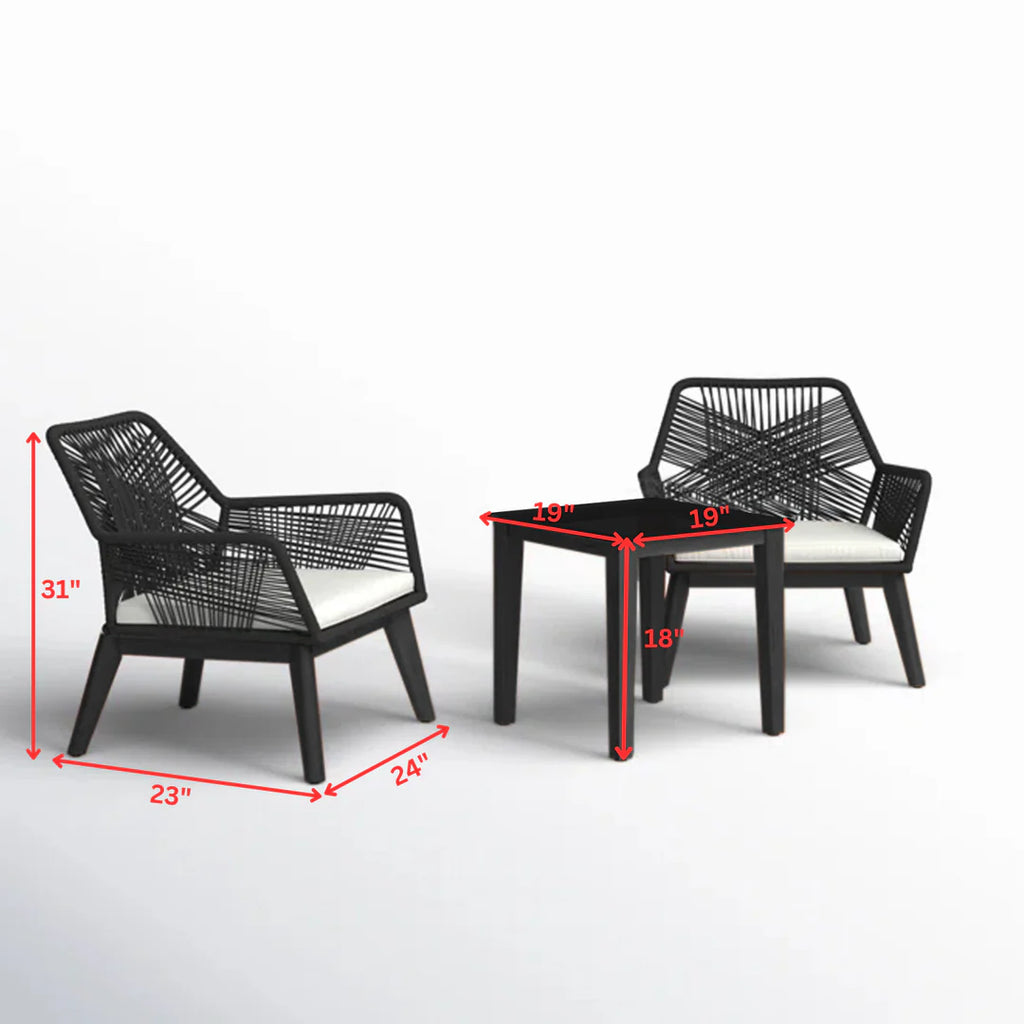 VIRASAT FURNITURE ELICIA OUTDOOR PATIO SEATING SET 2 CHAIRS AND 1 TABLE SET (BLACK) BRAIDED & ROPE
