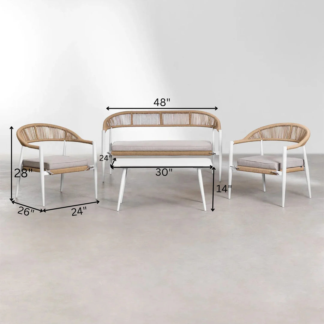 Virasat Marianela Outdoor Sofa Set 2 Seater, 2 Single seater and 1 Center Table Set (White+Brown) Braided & Rope