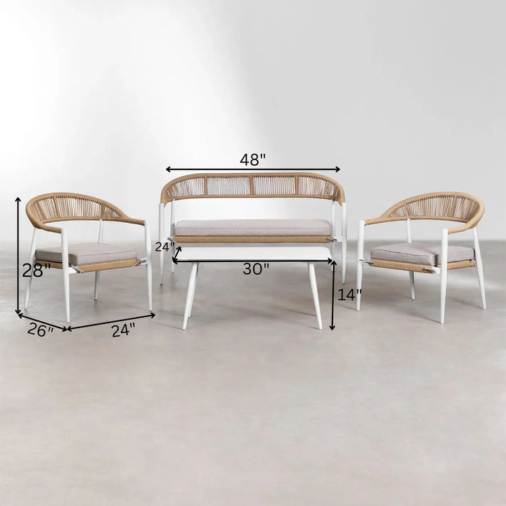 Virasat Marianela Outdoor Sofa Set 2 Seater, 2 Single seater and 1 Center Table Set (White+Brown) Braided & Rope