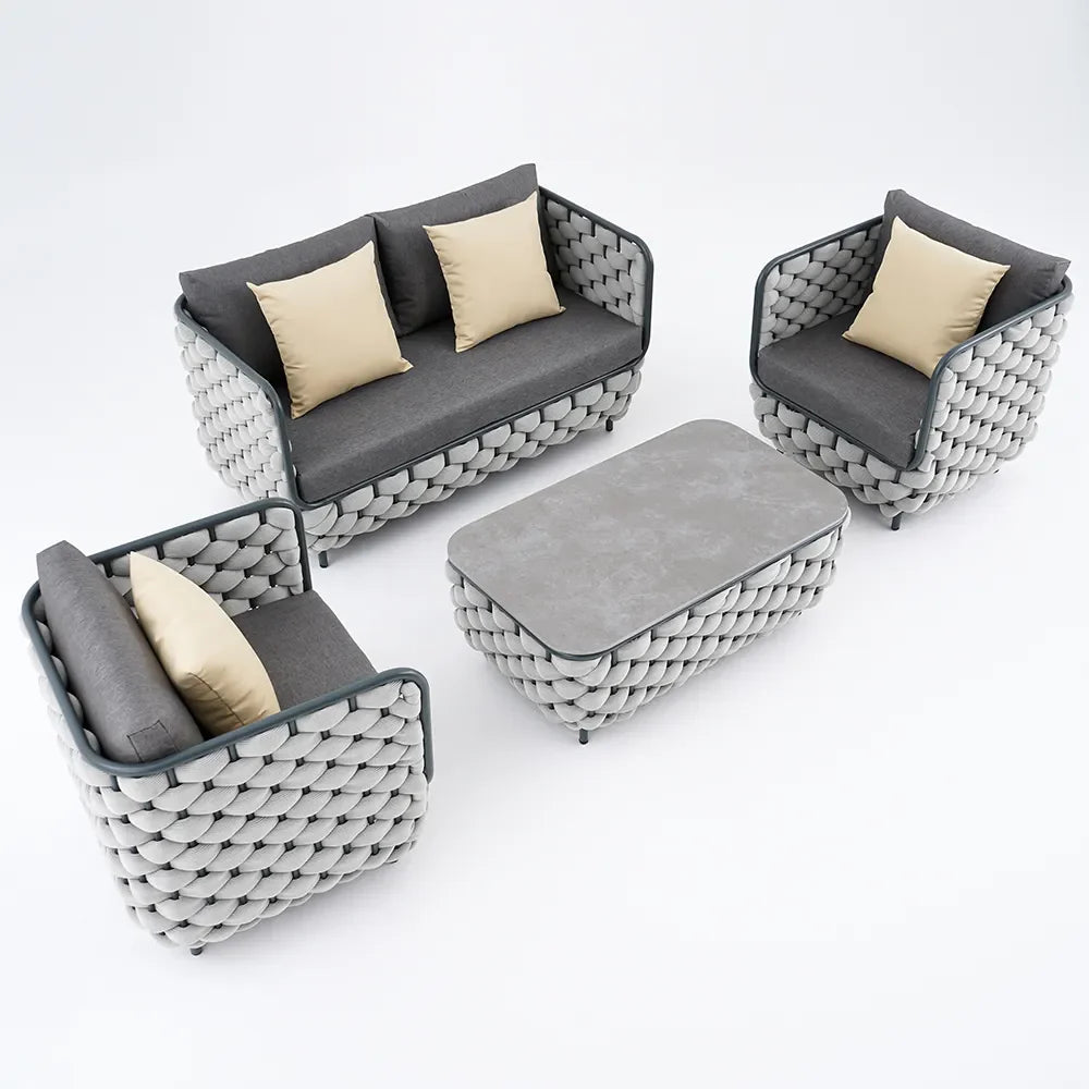 Virasat Fepel Outdoor Garden Balcony Sofa Set 2 Seater, 2 Single seater and 1 Center Table Set, Braid & Rope (Grey)