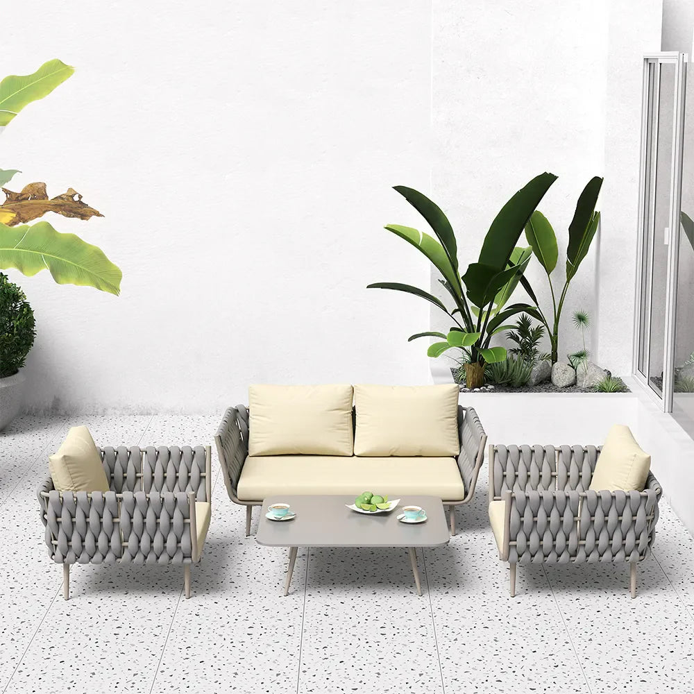 Virasat Outdoor Garden Balcony Sofa Set 2 Seater, 2 Single Seater and 1 Center Table Set, Braid & Rope (Beige + Grey)-VIRASAT FURNITURE & FURNISHING