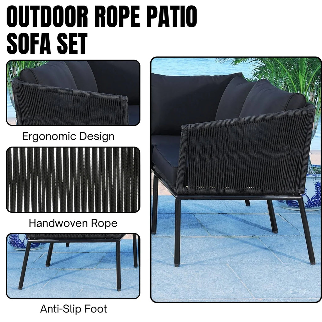 VIRASAT FURNITURE 6 SEATER L-SHAPE OUTDOOR BLACK ROPE SOFA SET