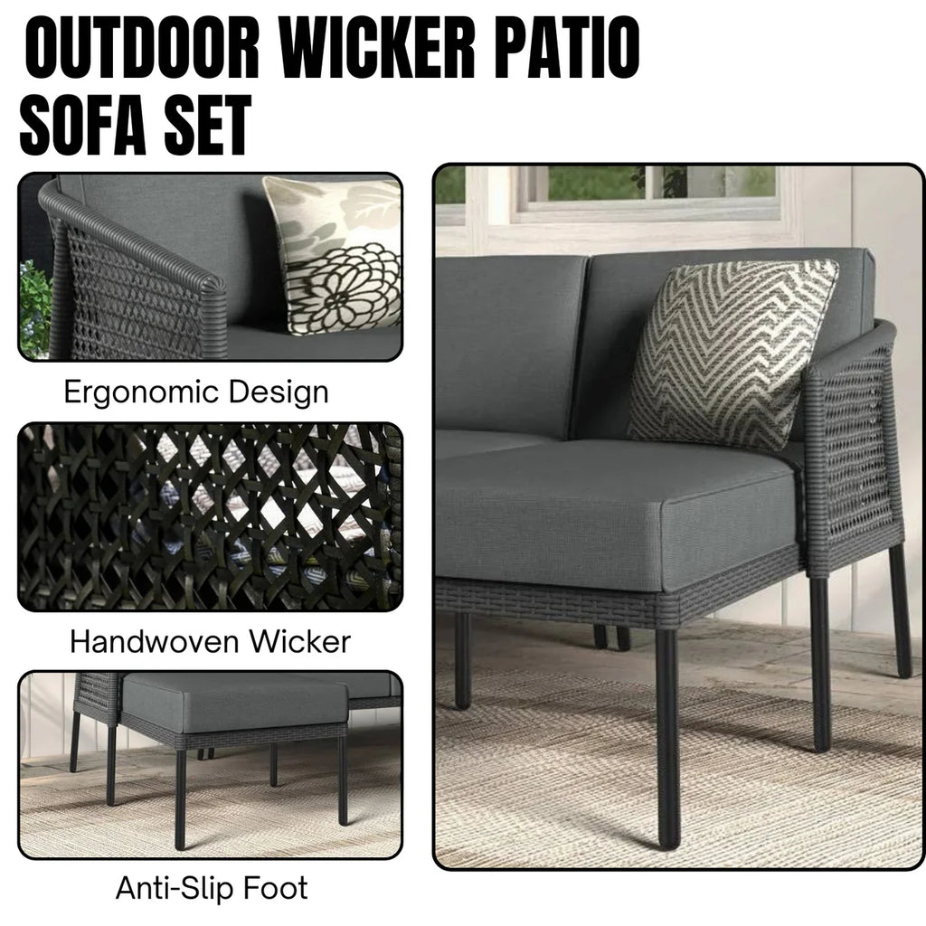 VIRASAT FURNITURE 4 SEATER L-SHAPE OUTDOOR PATIO SOFA SET WITH THICK CUSHIONS & SIDE TABLE (GREY)