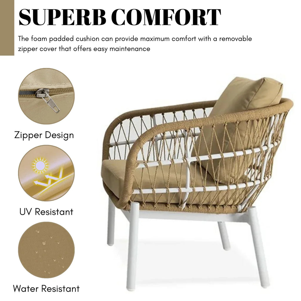 VIRASAT FURNITURE Outdoor Rope 3-Piece Patio Set (Beige & Dark Cream)