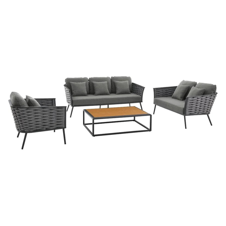 VIRASAT FURNITURE 4 PIECE OUTDOOR ROPE SOFA SET WITH WOODEN TOP TABLE (GREY)