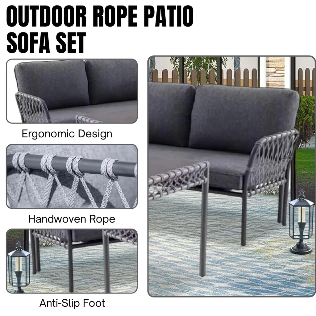 VIRASAT FURNITURE L-SHAPE OUTDOOR ROPE SOFA SET 6-SEATER (GREY)