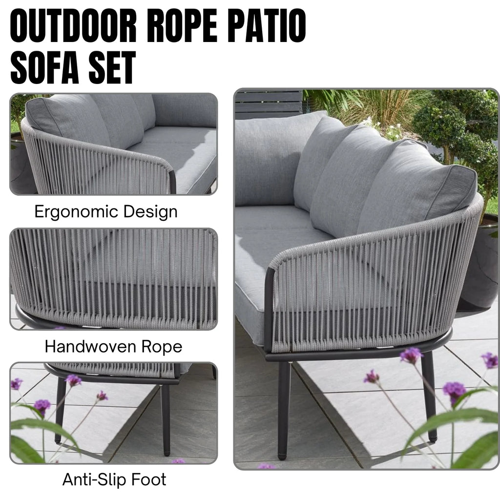 VIRASAT FURNITURE 6 SEATER L-SHAPE OUTDOOR ROPE CONVERSATION SOFA SET (GREY)