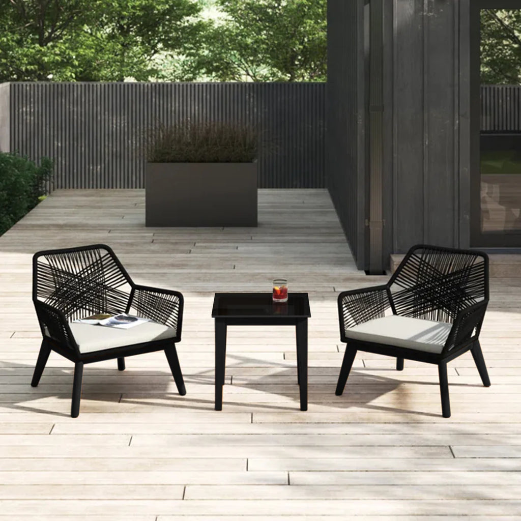 VIRASAT FURNITURE ELICIA OUTDOOR PATIO SEATING SET 2 CHAIRS AND 1 TABLE SET (BLACK) BRAIDED & ROPE