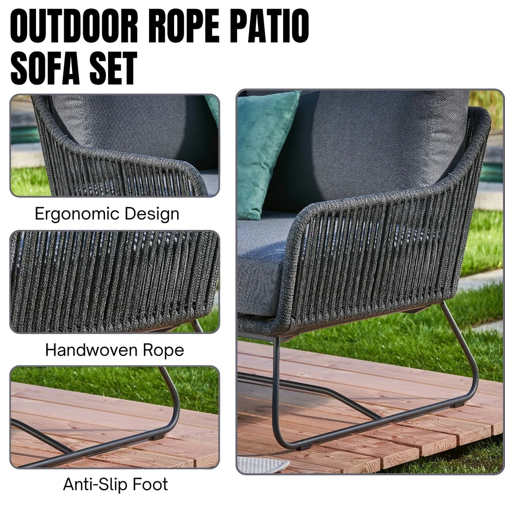 VIRASAT FURNITURE L-SHAPE OUTDOOR ROPE SOFA SET 6-SEATER WITH CENTER TABLE (GREY)