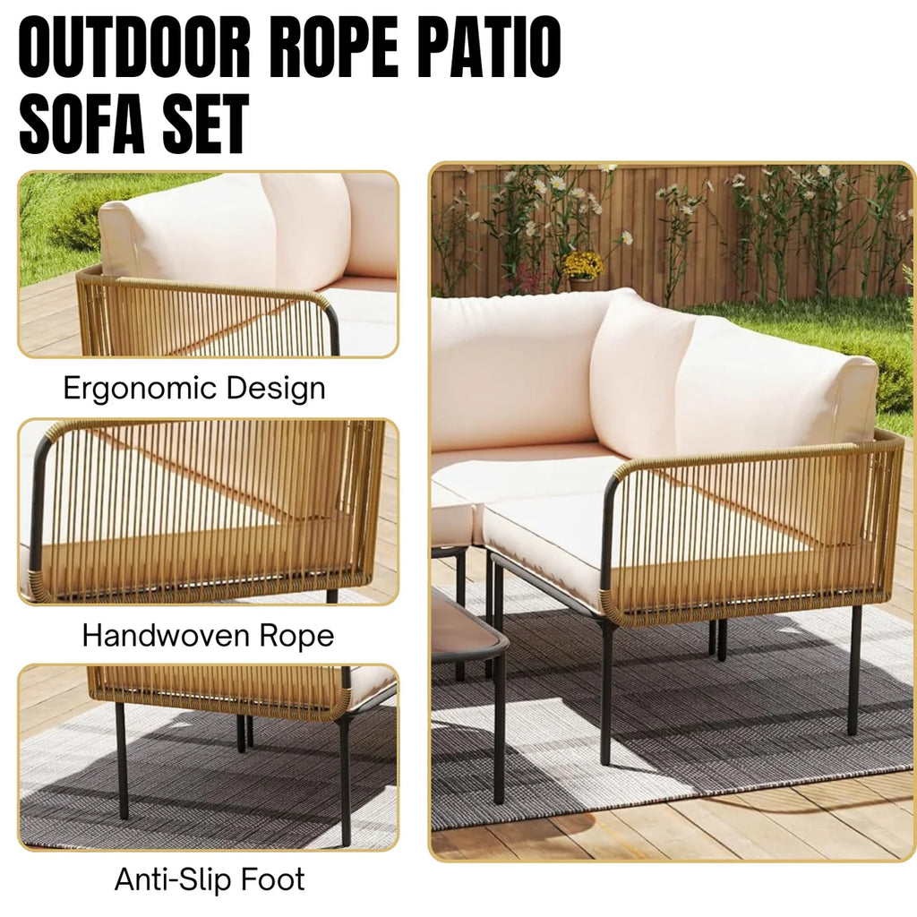 VIRASAT FURNITURE 5 SEATER L-SHAPE OUTDOOR ROPE SOFA SET (BEIGE & CREAM)