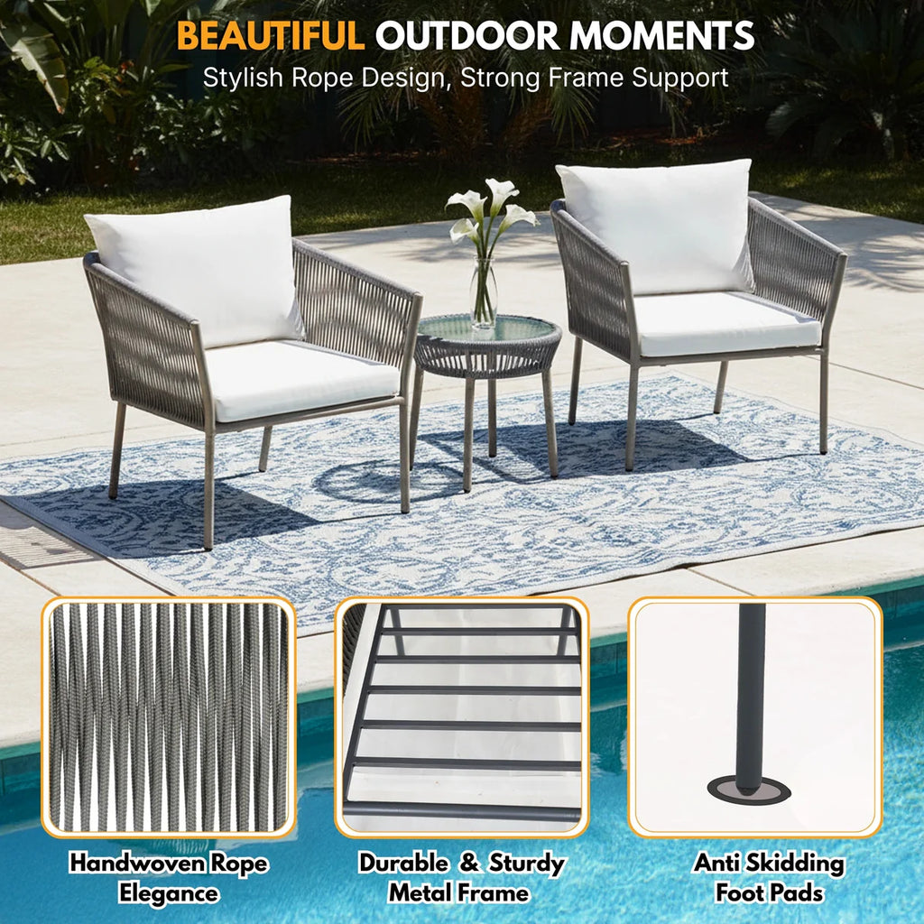 VIRASAT FURNITURE 3-PIECE ROPE PATIO SET – PERFECT FOR OUTDOOR ENTERTAINING (GREY &amp; WHITE)