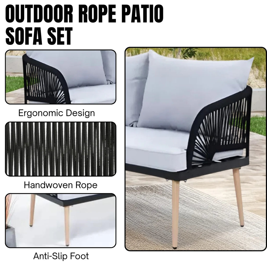 VIRASAT FURNITURE L-SHAPE OUTDOOR ROPE SOFA SET 6-SEATER WITH CENTER TABLE (GREY)