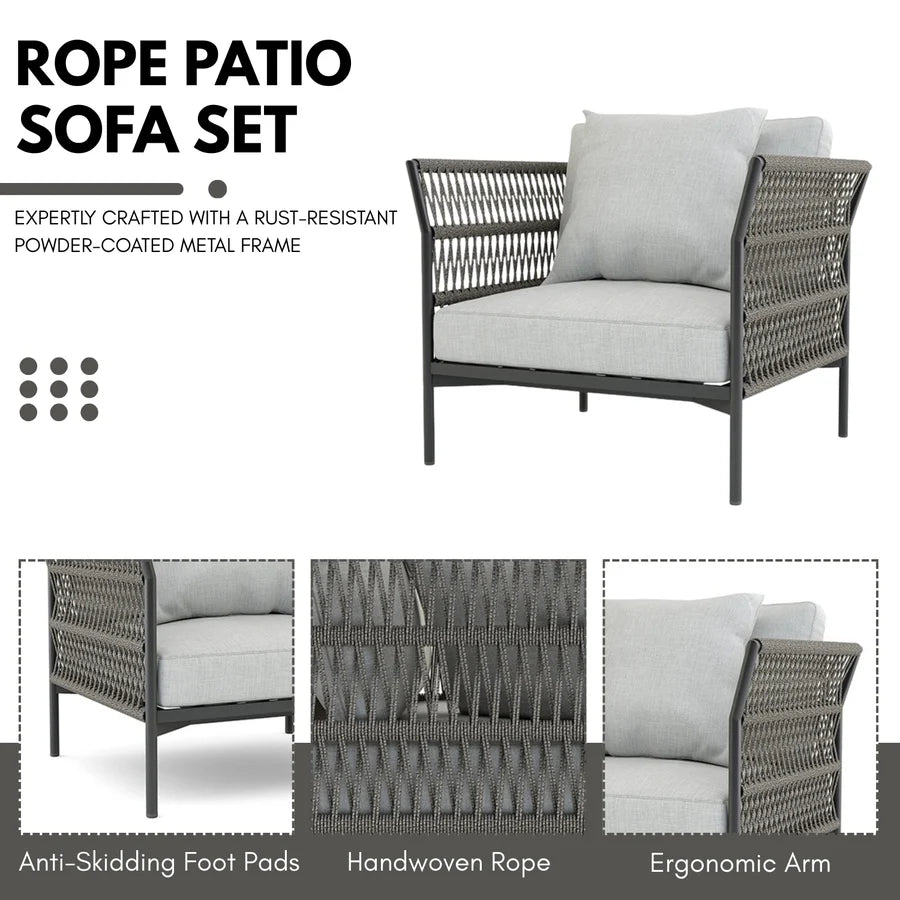 VIRASAT FURNITURE OUTDOOR ROPE SOFA SET 7-SEATER WITH GLASS TOP CENTER TABLE (GREY/BEIGE)