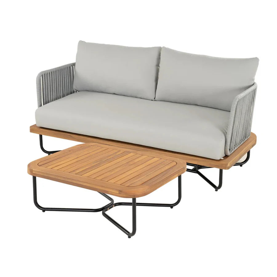 VIRASAT FURNITURE OUTDOOR 6-PIECE ROPE WOVEN CONVERSATION SOFA SET WITH WOODEN TOP TABLE (GREY)