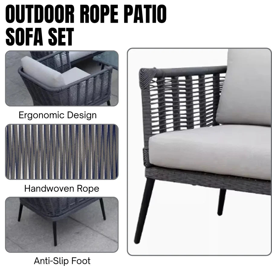 VIRASAT FURNITURE OUTDOOR GREY ROPE SOFA SET 7-SEATER WITH GLASS TOP CENTER TABLE