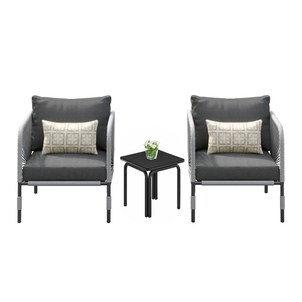 VIRASAT FURNITURE 3-Piece Outdoor Rope Patio Furniture Set with Cushions & Center Table – Beige