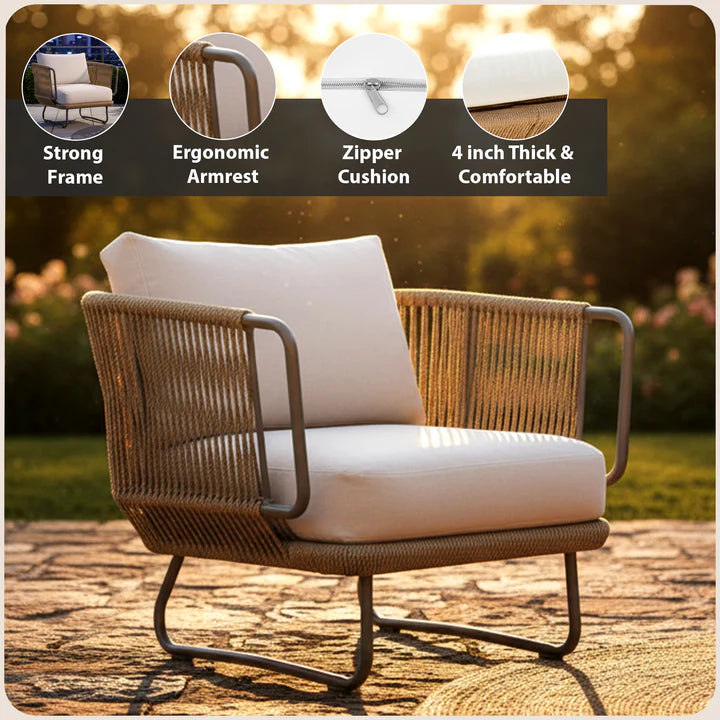 VIRASAT FURNITURE OUTDOOR ROPE SOFA SET 6-SEATER WITH OTTOMAN & CENTER TABLE (TAN) - BRAIDED ROPE PATIO SET