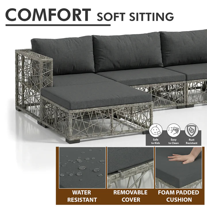 VIRASAT FURNITURE OUTDOOR ROPE SOFA SET 6-SEATER WITH OTTOMAN & CENTER TABLE (GREY) – BRAIDED GARDEN & BALCONY SET
