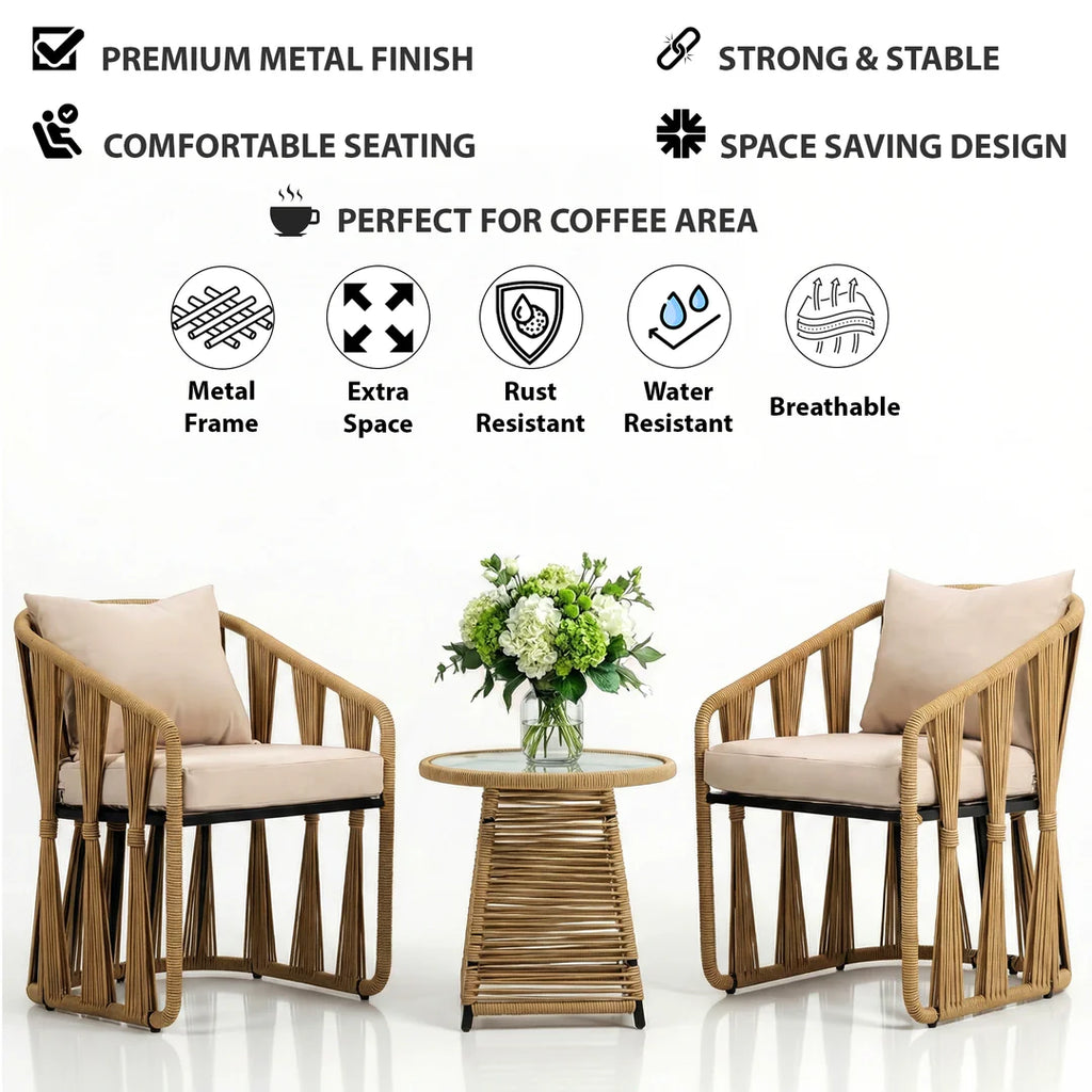 VIRASAT FURNITURE VARQO OUTDOOR PATIO SEATING SET 2 CHAIRS AND 1 TABLE SET (CREAM) BRAIDED & ROPE