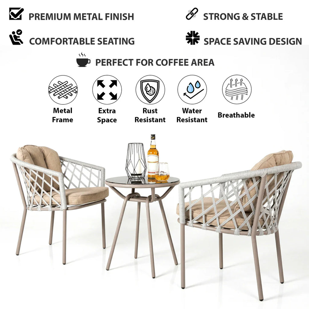 VIRASAT FURNITURE SURFER OUTDOOR PATIO SEATING SET 2 CHAIRS AND 1 TABLE SET (GREY) BRAIDED & ROPE