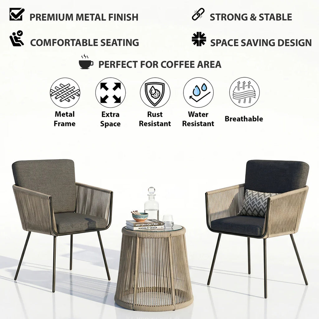 VIRASAT FURNITURE ODILA OUTDOOR PATIO SEATING SET 2 CHAIRS AND 1 TABLE SET (GREY+BROWN) BRAIDED & ROPE