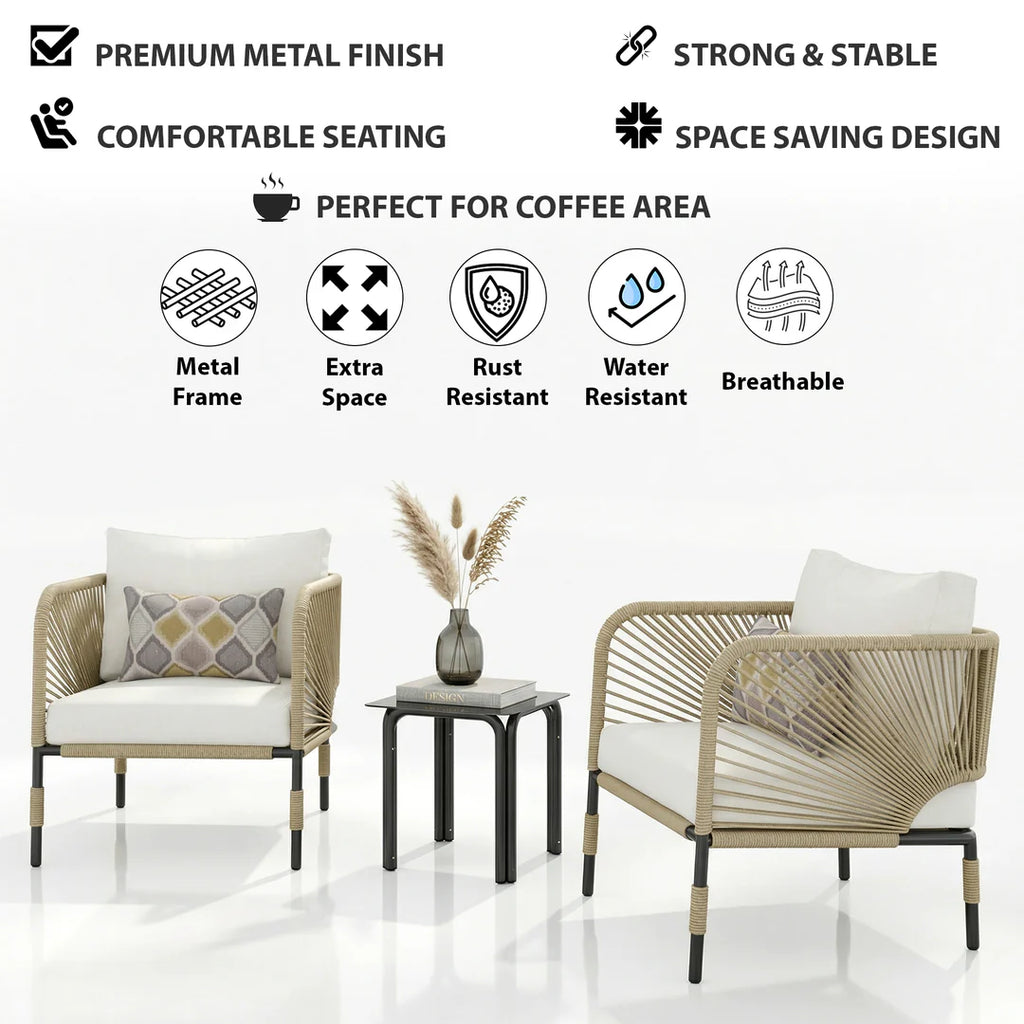 VIRASAT FURNITURE MADERA OUTDOOR PATIO SEATING SET 2 CHAIRS AND 1 TABLE SET (BEIGE) BRAIDED & ROPE