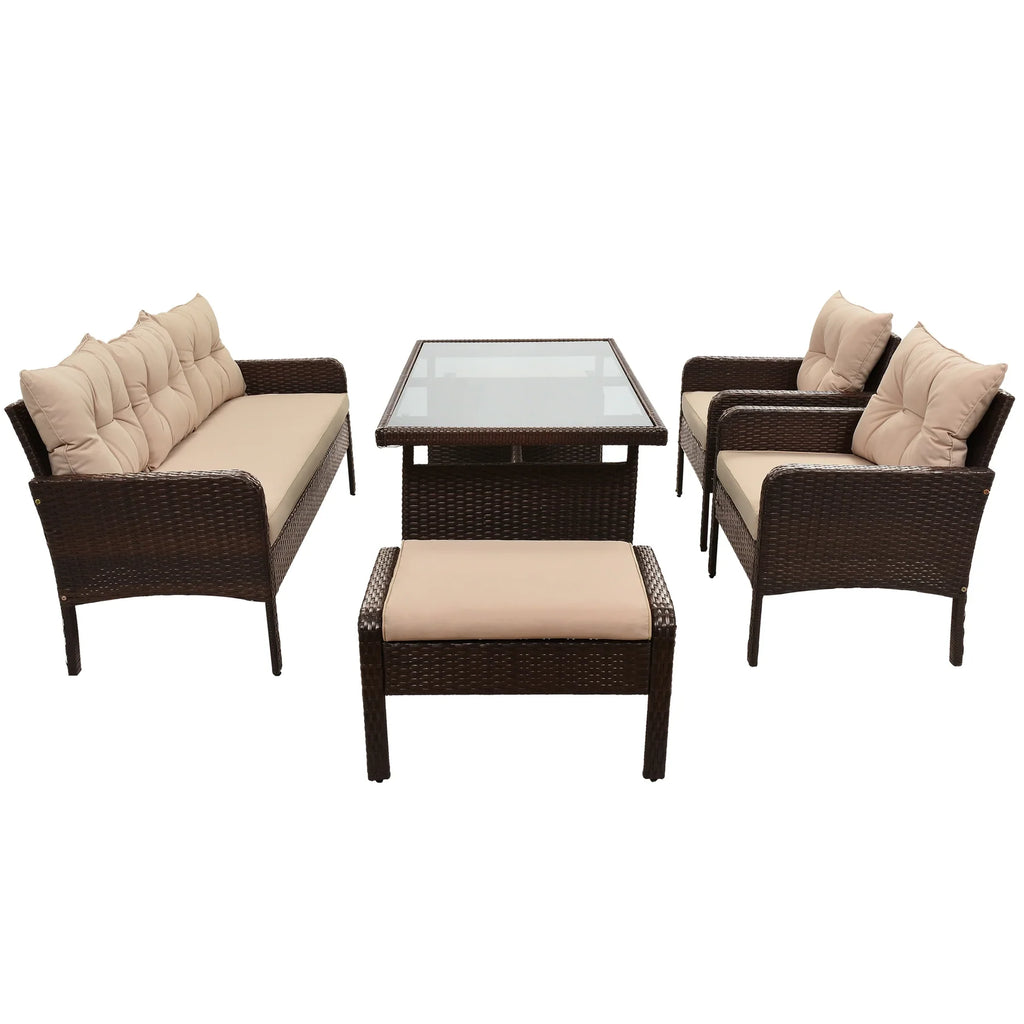 Virasat Outdoor Garden Balcony Sofa Set 3 Seater, 2 Single Seater, 2 Ottoman and 1 Center Table Conversation Set (White + Tan)-VIRASAT FURNITURE & FURNISHING