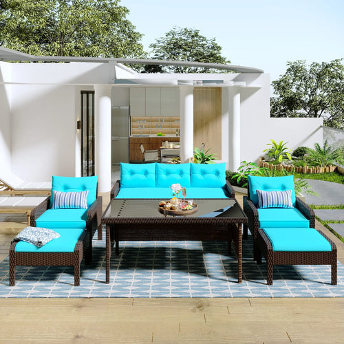 Virasat Outdoor Garden Balcony Sofa Set 3 Seater, 2 Single Seater and 1 Center Table and 2 Ottoman Set (Brown + Aqua Blue)-VIRASAT FURNITURE & FURNISHING