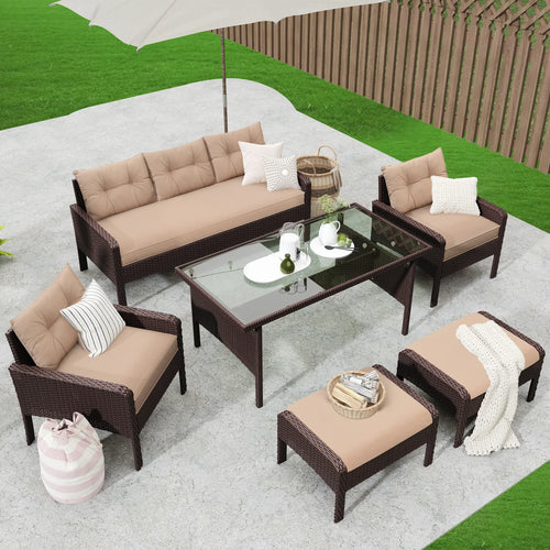 Virasat Outdoor Garden Balcony Sofa Set 3 Seater, 2 Single Seater, 2 Ottoman and 1 Center Table Conversation Set (White + Tan)-VIRASAT FURNITURE & FURNISHING