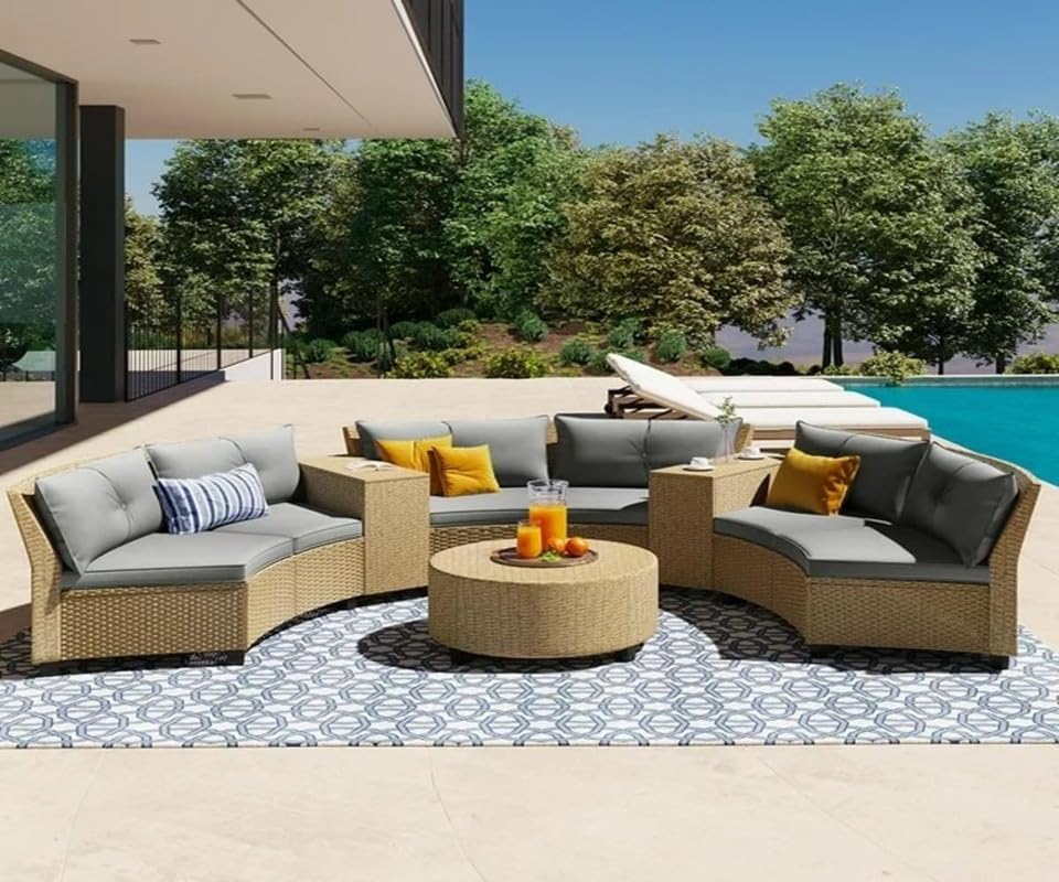 Virasat 8 Seater Half-Moon Sofa Outdoor Patio Set Grey Cushion-VIRASAT FURNITURE & FURNISHING