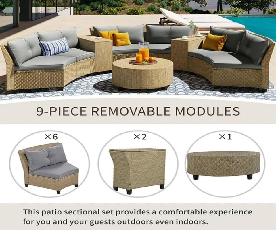 Virasat 8 Seater Half-Moon Sofa Outdoor Patio Set Grey Cushion-VIRASAT FURNITURE & FURNISHING