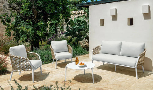 Virasat Outdoor Sofa Set 2 Seater, 2 Single Seater, and 1 Center Table Set (White+Tan) Braided & Rope-VIRASAT FURNITURE & FURNISHING