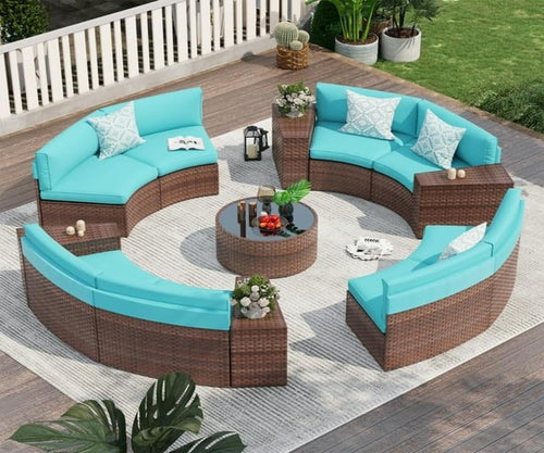 Virasat 8 Seater Sofa Outdoor Patio Set Sky Blue Cushion-VIRASAT FURNITURE & FURNISHING