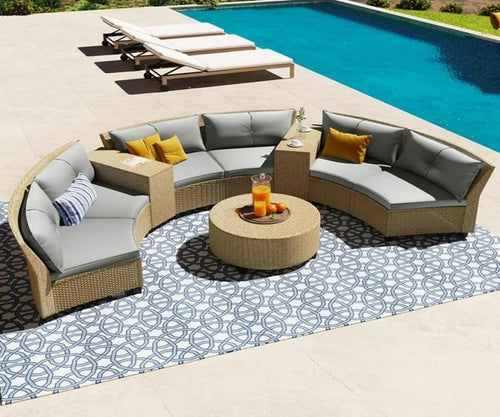 Virasat 8 Seater Half-Moon Sofa Outdoor Patio Set Grey Cushion-VIRASAT FURNITURE & FURNISHING