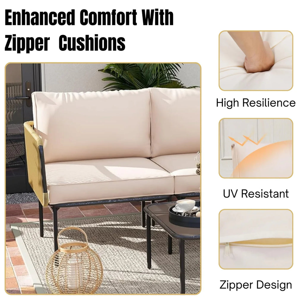 VIRASAT FURNITURE 5 SEATER L-SHAPE OUTDOOR ROPE SOFA SET (BEIGE & CREAM)