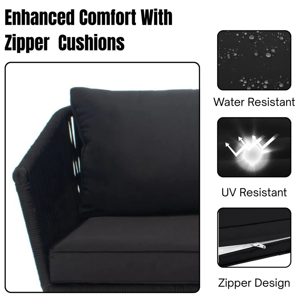 VIRASAT FURNITURE 6 SEATER L-SHAPE OUTDOOR BLACK ROPE SOFA SET