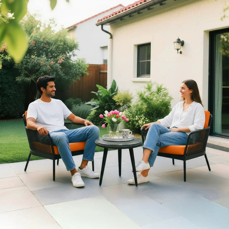 VIRASAT FURNITURE Outdoor 3-Piece All-Weather Rope Patio Set with Orange Cushions & Center Table