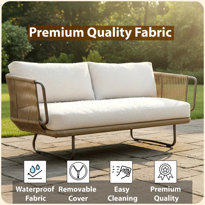 VIRASAT FURNITURE OUTDOOR ROPE SOFA SET 6-SEATER WITH OTTOMAN & CENTER TABLE (TAN) - BRAIDED ROPE PATIO SET