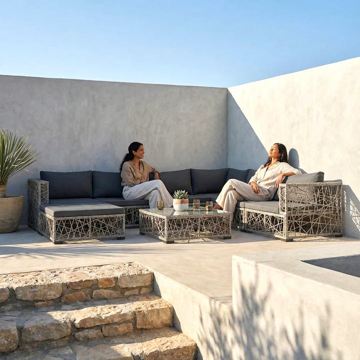 VIRASAT FURNITURE OUTDOOR ROPE SOFA SET 6-SEATER WITH OTTOMAN & CENTER TABLE (GREY) – BRAIDED GARDEN & BALCONY SET