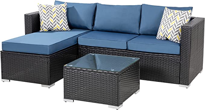 Virasat Kelo Outdoor Patio Sofa Set 3 Seater , 1 ottoman and 1 Center Table Set (Black + Navy Blue)