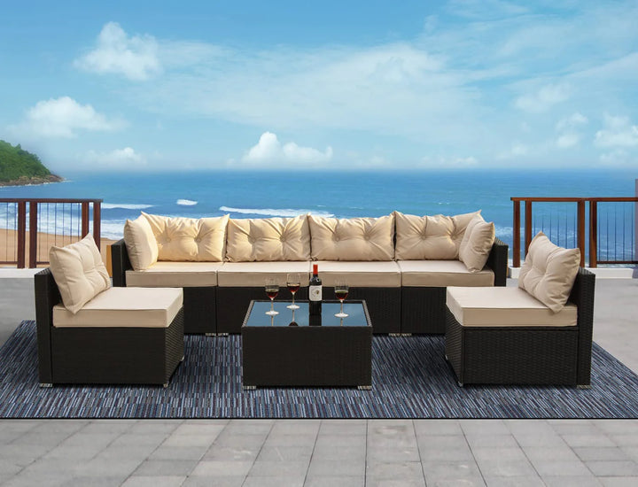 Virasat Zullo Outdoor Sofa Set 4 Seater, 2 Single seater and 1 Center Table (Black + Tan)