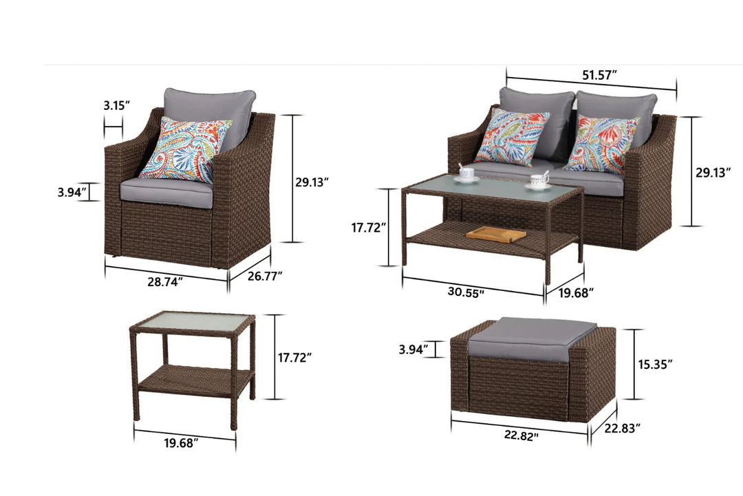 Virasat Ration Outdoor Garden Balcony Sofa Set 2 Seater, 2 Single seater With 2 Ottoman and 1 Center Table, 1 Side Table Set (Dark Brown)