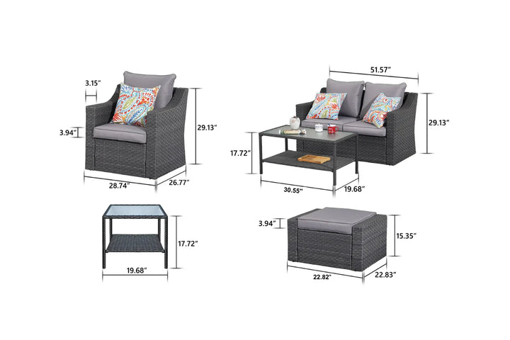 Virasat Tress Outdoor Garden Balcony Sofa Set 2 Seater, 2 Single seater With 2 Ottoman, 1 Center Table, 1 Side Table Set (Black)