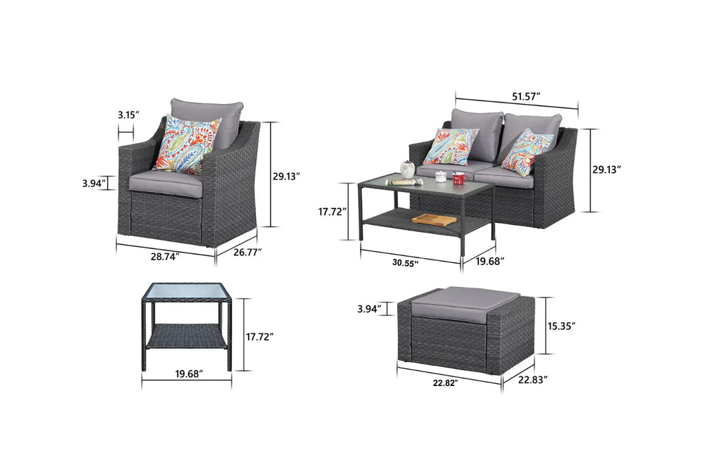 Virasat Outdoor Garden Balcony Sofa Set 2 Seater, 2 Single Seater With 2 Ottoman, 1 Center Table, 1 Side Table Set (Black)-VIRASAT FURNITURE & FURNISHING