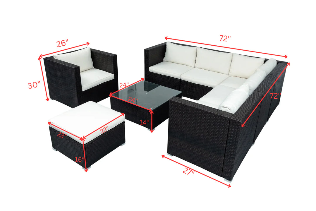 Virasat Silas Outdoor Garden Balcony Sofa Set 5 Seater, Single seater With 1 Ottoman and 1 Center Table Set (Black + White)