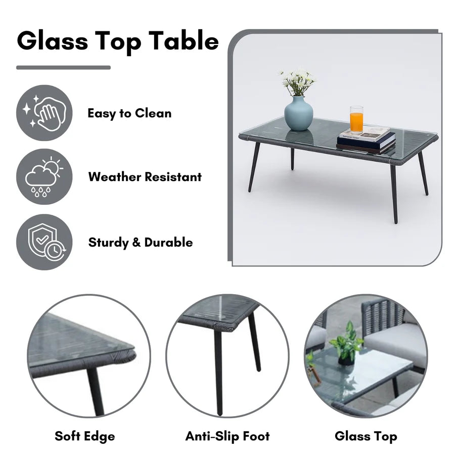 VIRASAT FURNITURE OUTDOOR GREY ROPE SOFA SET 7-SEATER WITH GLASS TOP CENTER TABLE